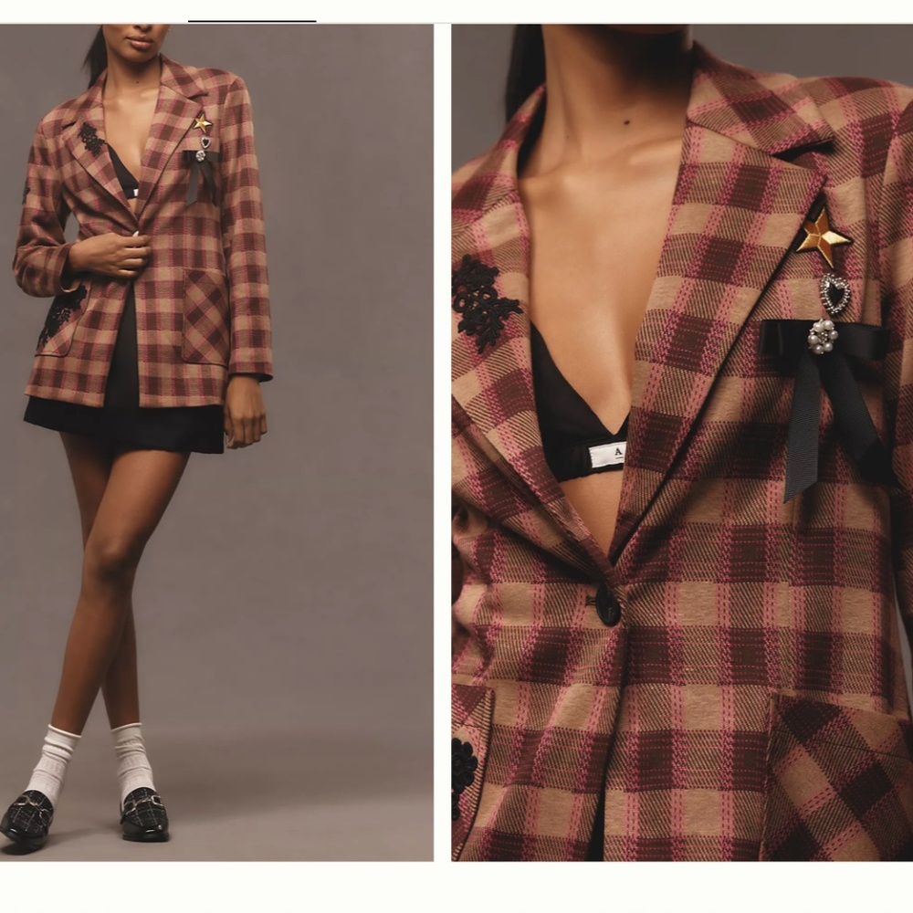 Anthropologie Avec Les Filles‎ Plaid Pin Blazer Pink/Brown Blazer Sz XL - Picture 2 of 14